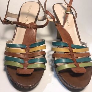 Womens Sz 10 Brown Teal Yellow Open toe Heels(F)